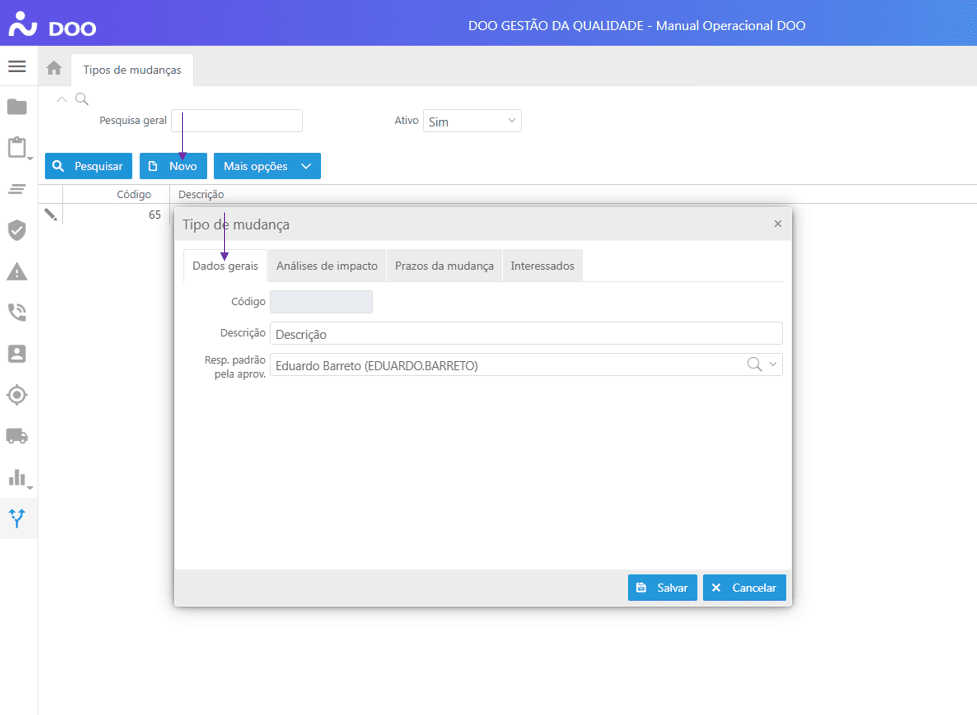 Tipos de Mudanças - Aba Dados gerais