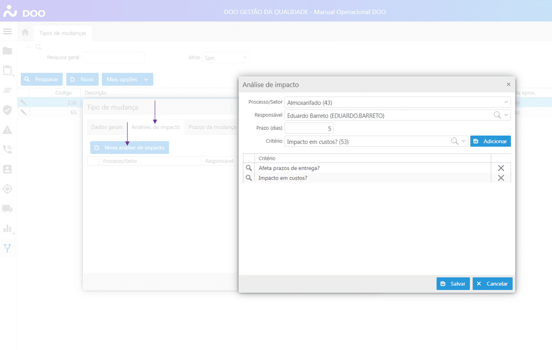 Tipos de Mudanças - Aba Análises de impacto