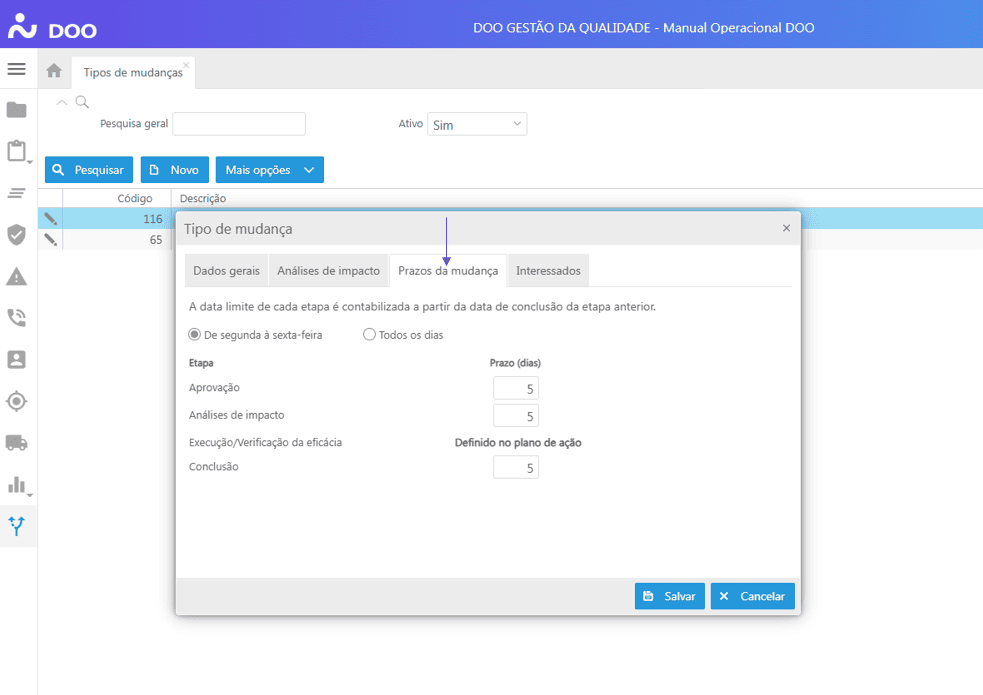 Tipos de Mudanças - Aba Prazos da Mudança