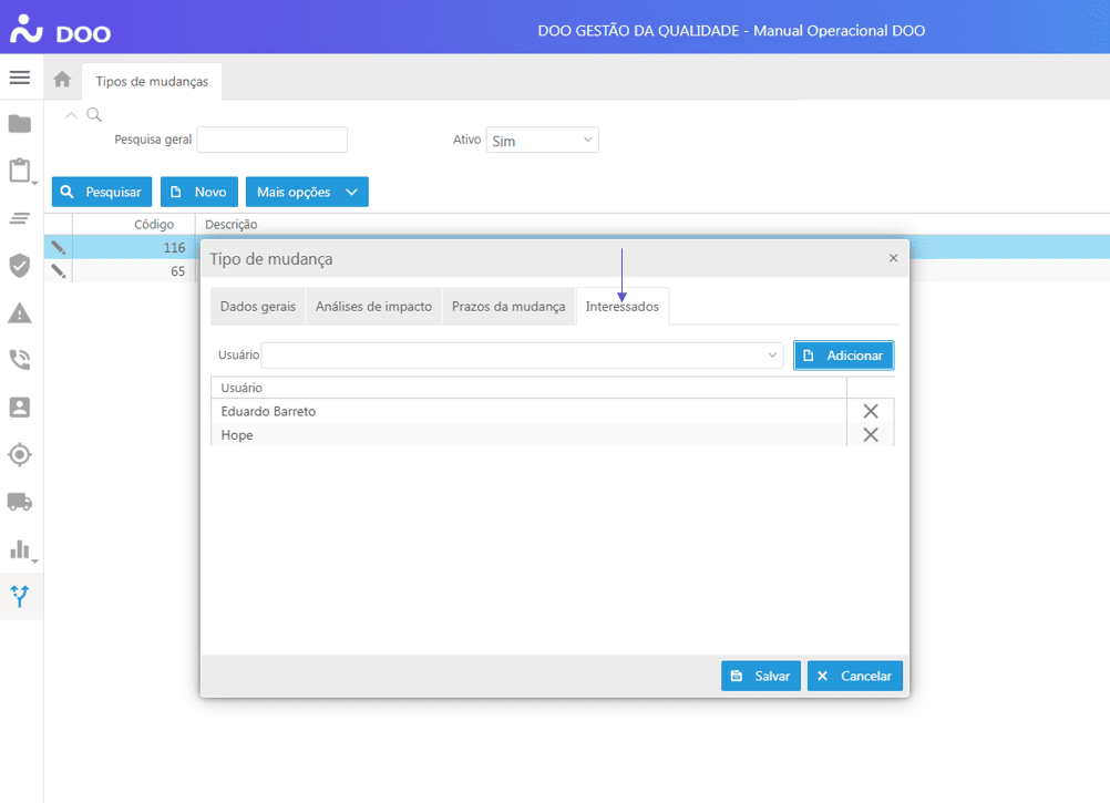 Tipos de Mudanças - Aba Interessados