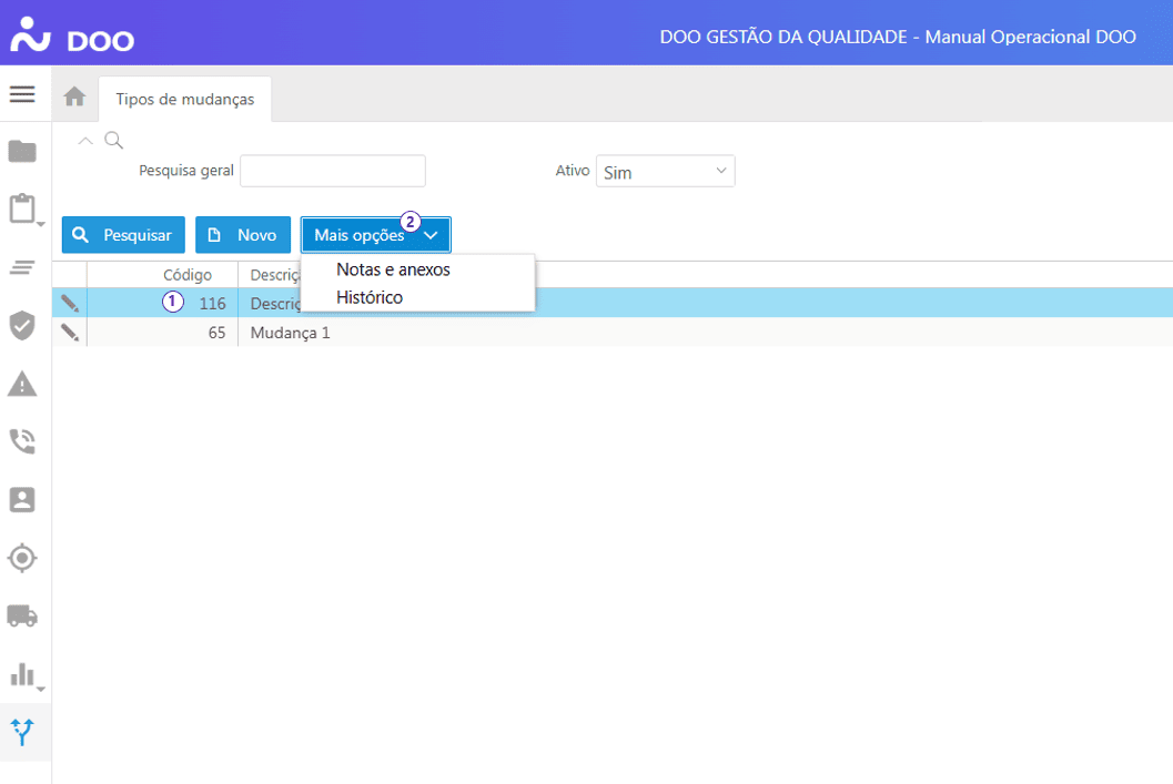 Tipos de Mudanças - Botão Mais Opções