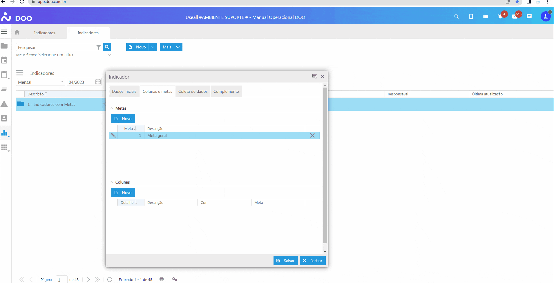 Criando Indicador - Aba Colunas e Metas - Cadastro de Colunas
