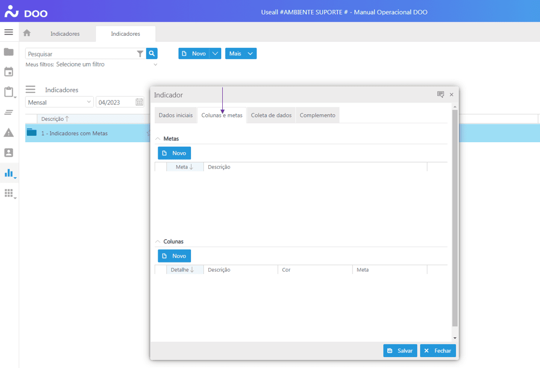 Criando Indicador - Aba Colunas e Metas