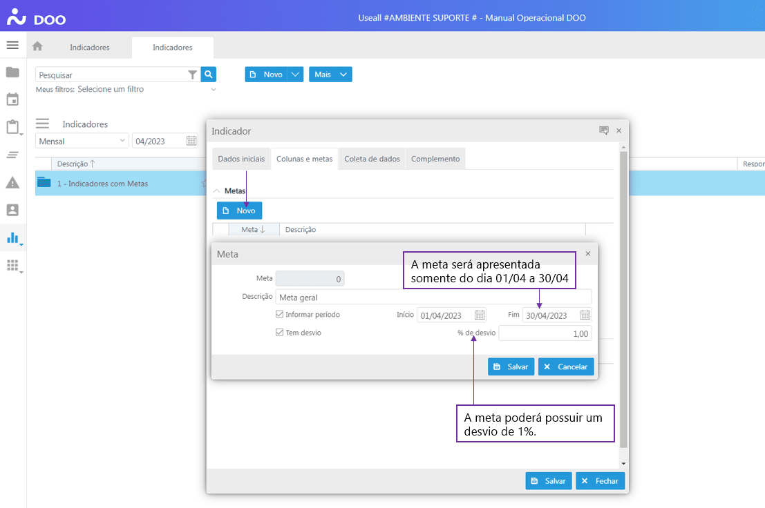 Criando Indicador - Aba Colunas e Metas - Cadastro de Metas