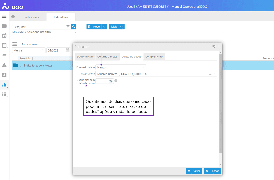 Criando Indicador - Aba Coleta de Dados - Coleta Manual