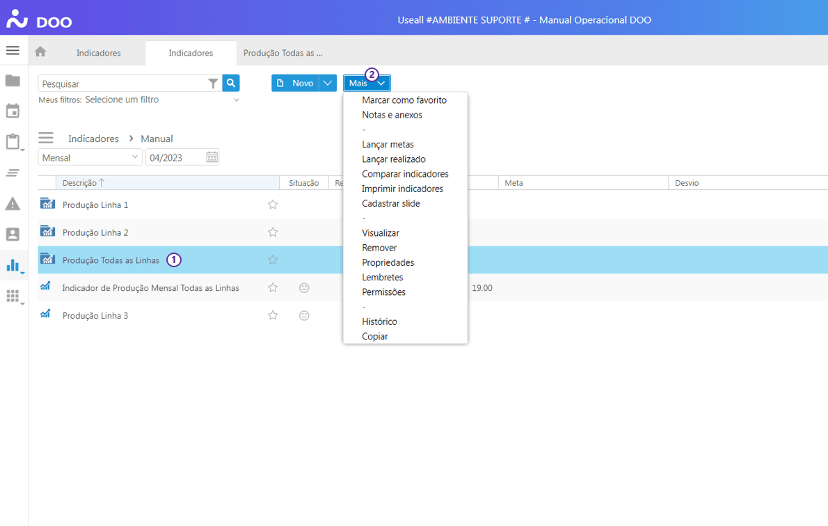 Botão Mais dos Indicadores