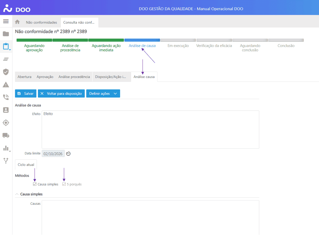 Registrando Não Conformidade - Etapa Análise de causa - Métodos parametrizados
